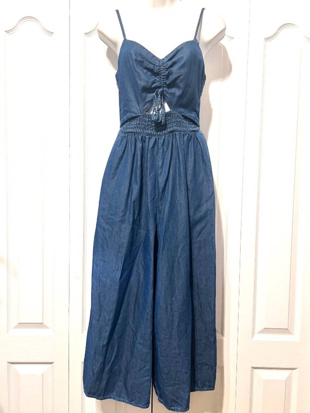 Arizona One Piece Spaghetti Strap Denim Stretch Wide Leg Cut Out Romper-Small Jr